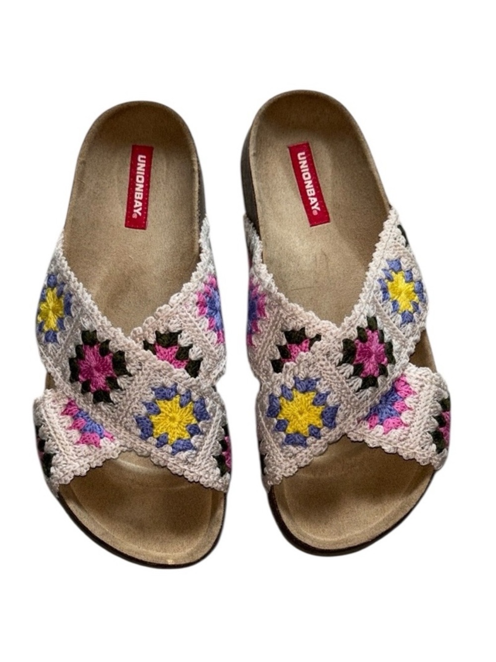 UNIONBAY Crochet Cross-Strap Slide Sandals in Cream, Yellow, Pink & Blue